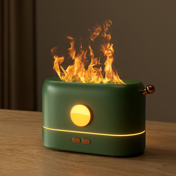 Aromatherapy Essential Oil Diffuser in Action: Tranquil Ambiance Unleashed Product Size: 18.18.510.7cm - Sleek and Compact Design Certification Badges: CE, RoHS, FCC - Quality Assured User-Friendly Operation: English Instruction Manual Included Type-C Cable for Efficient Charging - Convenience at Your Fingertips Spray Function Control: Left Button for Captivating Fragrance Flame Light Control: Right Button for Mesmerizing Visual Effects