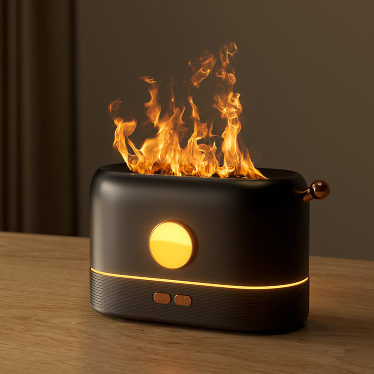 Aromatherapy Essential Oil Diffuser in Action: Tranquil Ambiance Unleashed Product Size: 18.18.510.7cm - Sleek and Compact Design Certification Badges: CE, RoHS, FCC - Quality Assured User-Friendly Operation: English Instruction Manual Included Type-C Cable for Efficient Charging - Convenience at Your Fingertips Spray Function Control: Left Button for Captivating Fragrance Flame Light Control: Right Button for Mesmerizing Visual Effects