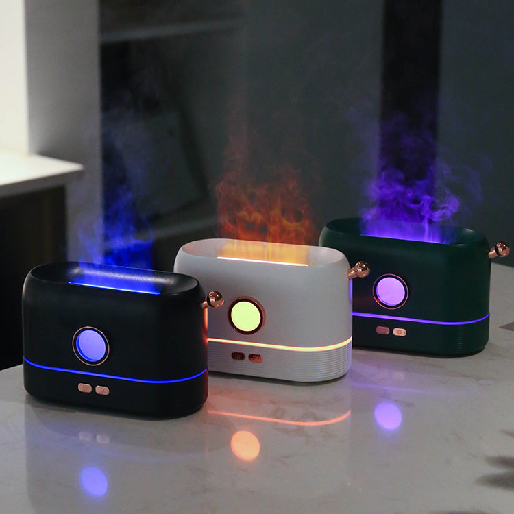 Aromatherapy Essential Oil Diffuser in Action: Tranquil Ambiance Unleashed Product Size: 18.18.510.7cm - Sleek and Compact Design Certification Badges: CE, RoHS, FCC - Quality Assured User-Friendly Operation: English Instruction Manual Included Type-C Cable for Efficient Charging - Convenience at Your Fingertips Spray Function Control: Left Button for Captivating Fragrance Flame Light Control: Right Button for Mesmerizing Visual Effects