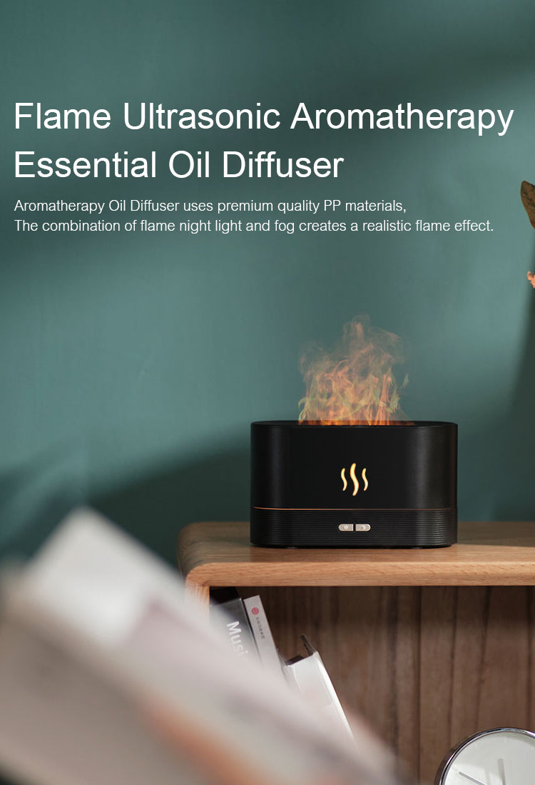 Flame Aroma Diffuser in Action: Realistic Flame Effect with Light and Water Mist Mute Technology in Use: Soft and Comfortable Fog Release Ultrasonic Atomization Technology: Fine Water Mist for Comfortable Fragrance Soft Light Adjustment: Creating a Romantic Atmosphere Intelligent Power-off Feature: Safe Usage for You and Your Family Packing List: Flame Aroma Diffuser, User Manual, Type-C Cable Usage Tips: Essential Oil Application, Power Supply Guidelines, Water Level Caution