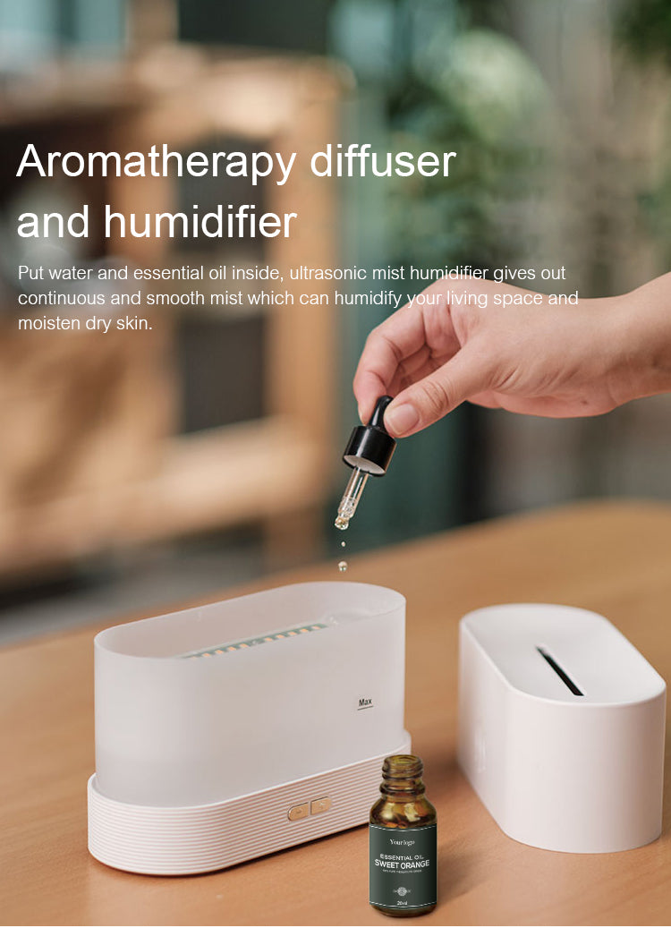 Flame Aroma Diffuser in Action: Realistic Flame Effect with Light and Water Mist Mute Technology in Use: Soft and Comfortable Fog Release Ultrasonic Atomization Technology: Fine Water Mist for Comfortable Fragrance Soft Light Adjustment: Creating a Romantic Atmosphere Intelligent Power-off Feature: Safe Usage for You and Your Family Packing List: Flame Aroma Diffuser, User Manual, Type-C Cable Usage Tips: Essential Oil Application, Power Supply Guidelines, Water Level Caution